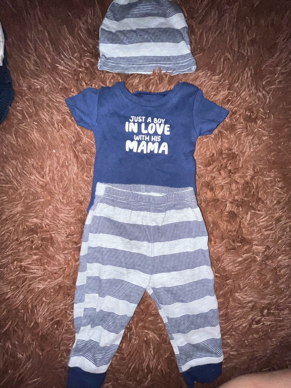 Baby Essentials Navy Blue One-Piece Bodysuit and Pants Set with White Text